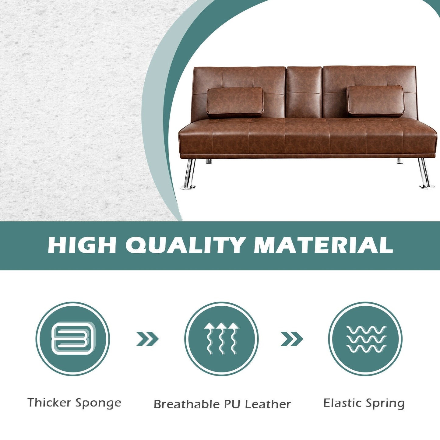 3-in-1 Convertible Leather Futon Sofa Bed with Cup Holders and Armrests – Brown