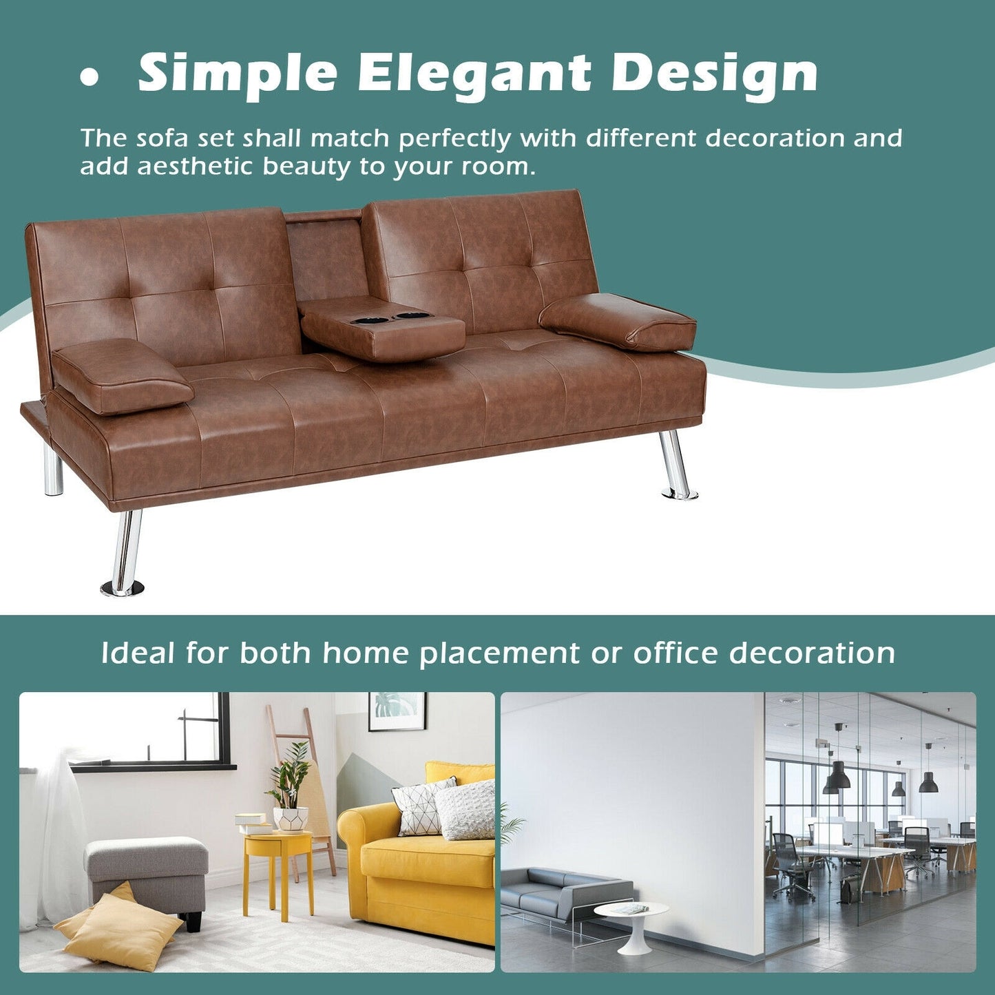 3-in-1 Convertible Leather Futon Sofa Bed with Cup Holders and Armrests – Brown