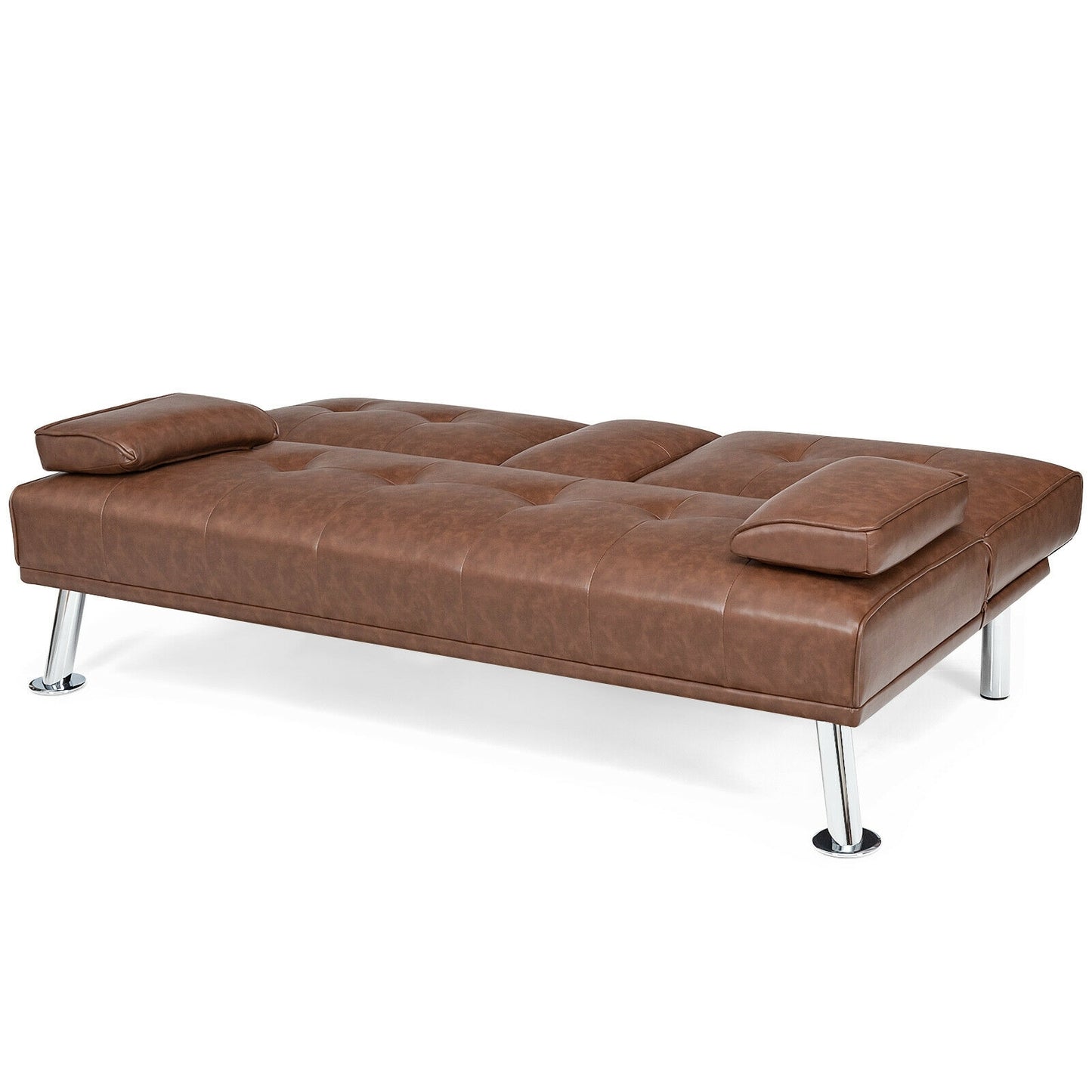3-in-1 Convertible Leather Futon Sofa Bed with Cup Holders and Armrests – Brown