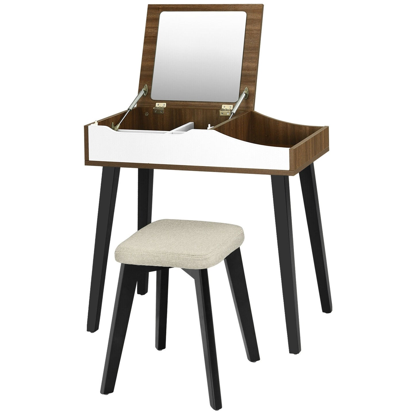 Space-Saving Vanity Table Set with Flip-Top Mirror, Storage and Padded Stool