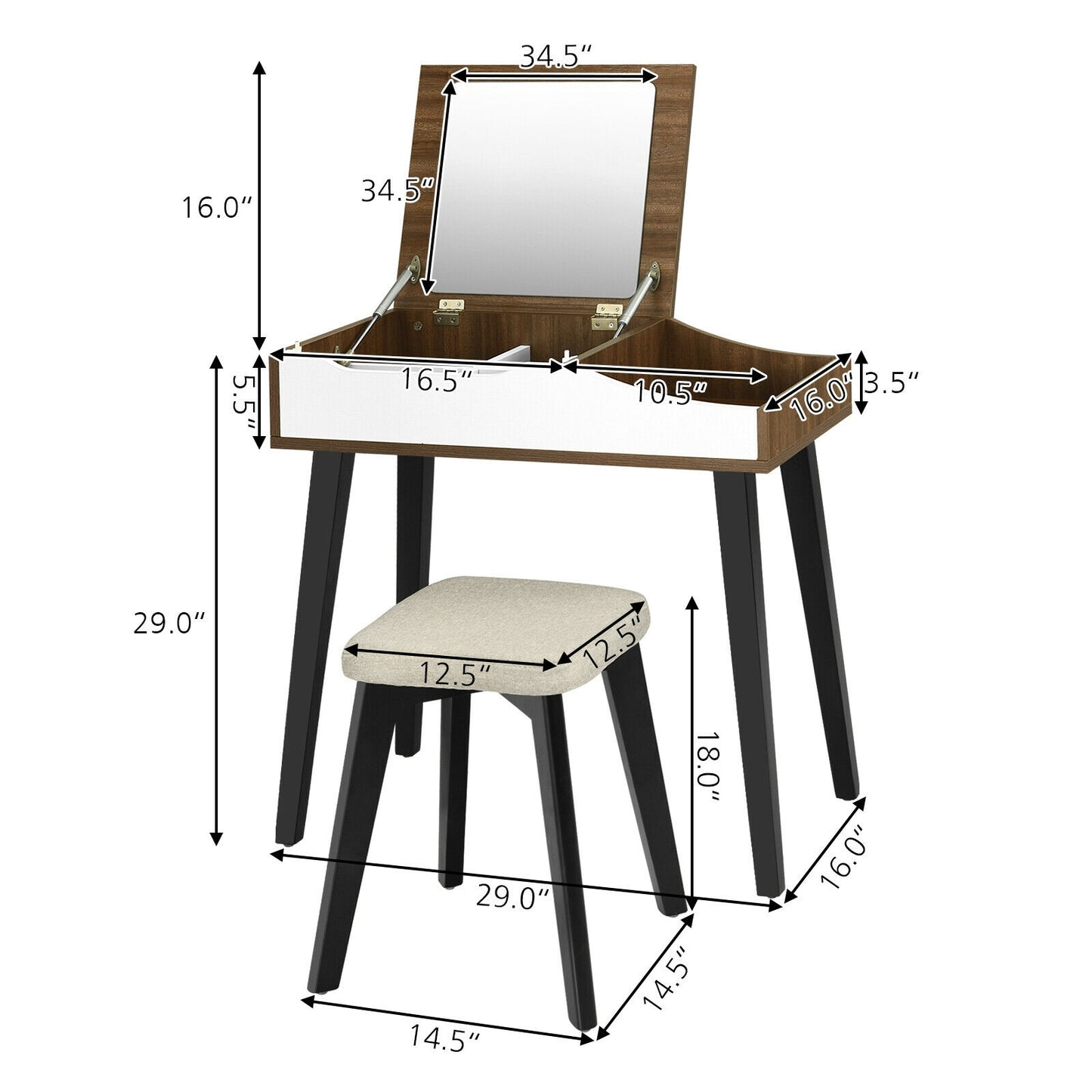 Space-Saving Vanity Table Set with Flip-Top Mirror, Storage and Padded Stool