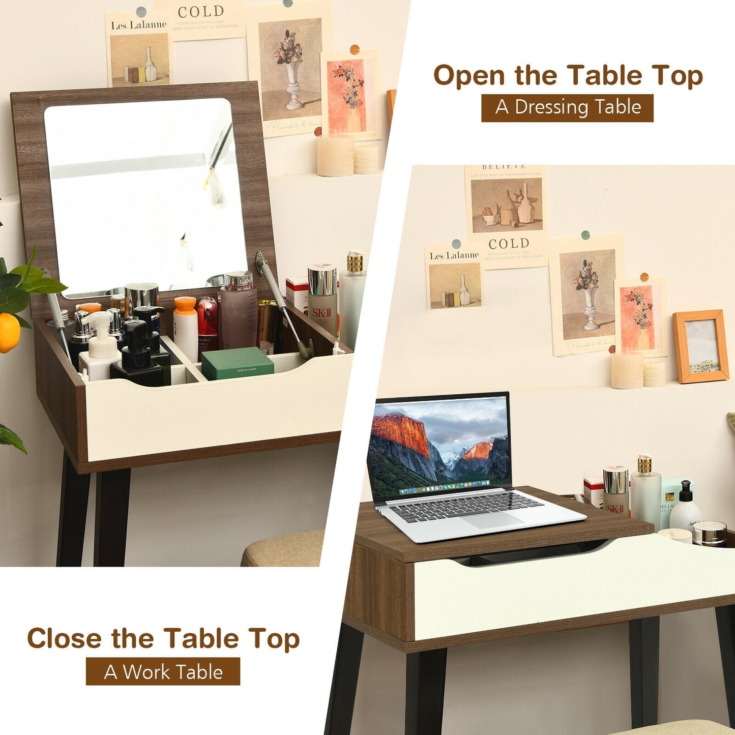 Space-Saving Vanity Table Set with Flip-Top Mirror, Storage and Padded Stool