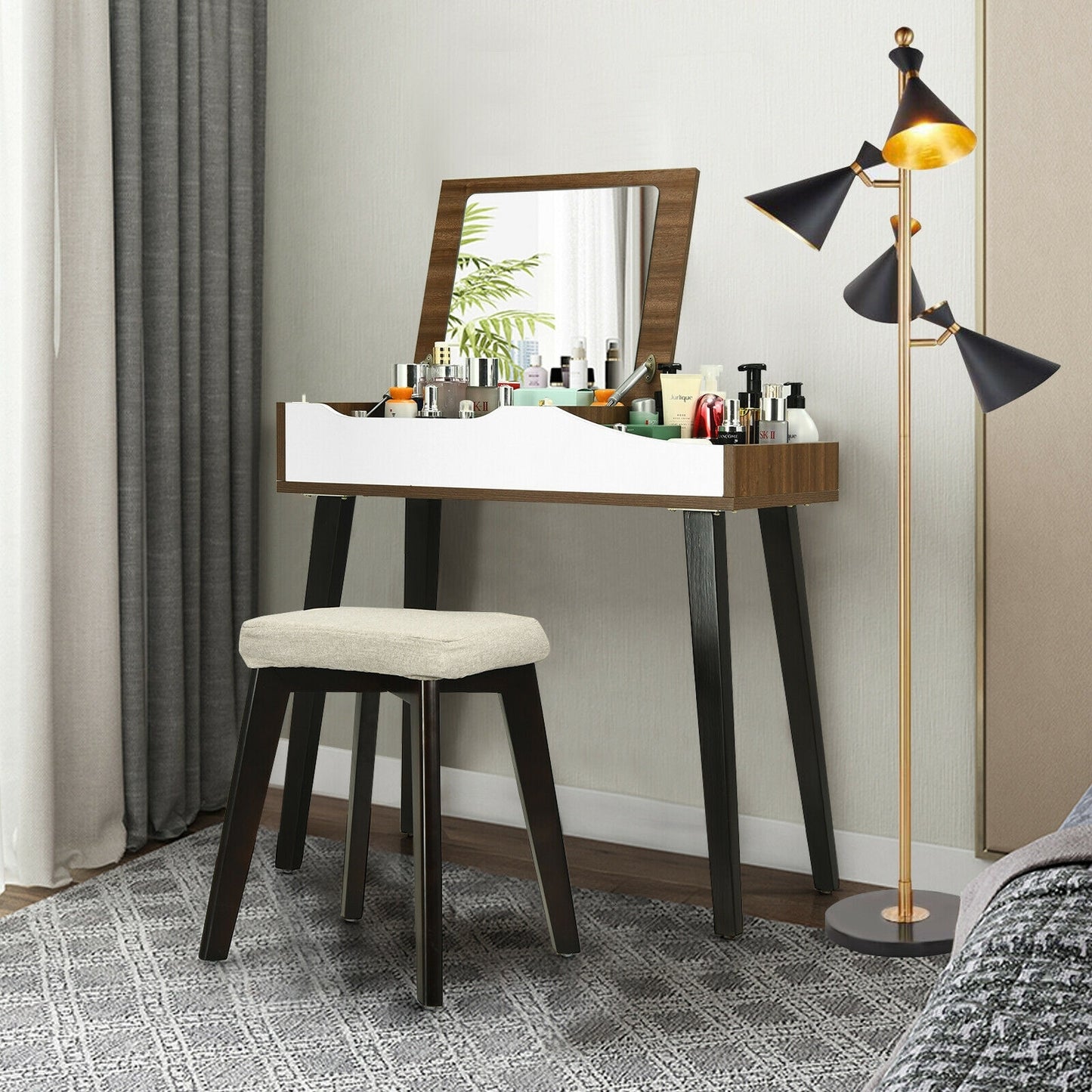 Space-Saving Vanity Table Set with Flip-Top Mirror, Storage and Padded Stool