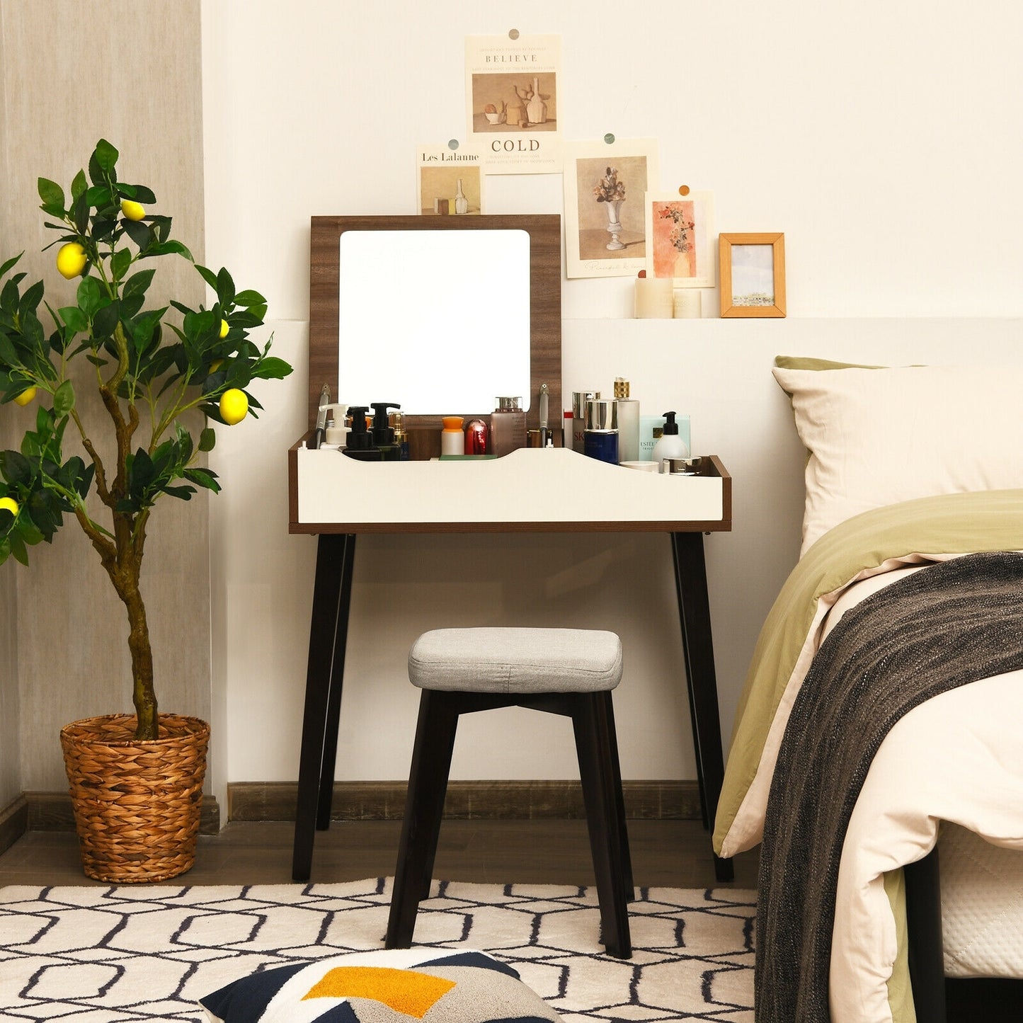 Space-Saving Vanity Table Set with Flip-Top Mirror, Storage and Padded Stool