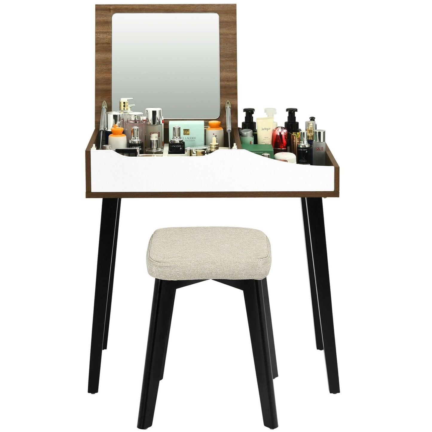 Space-Saving Vanity Table Set with Flip-Top Mirror, Storage and Padded Stool