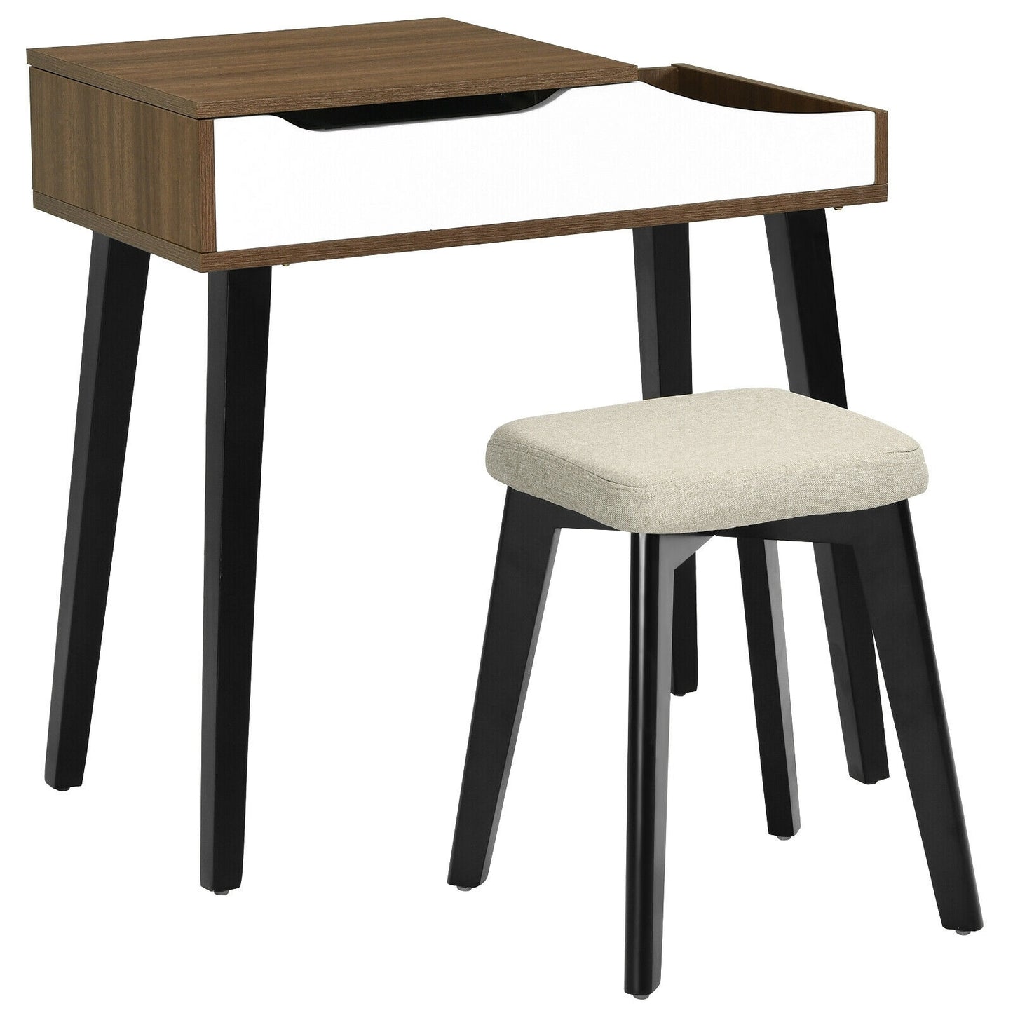 Space-Saving Vanity Table Set with Flip-Top Mirror, Storage and Padded Stool