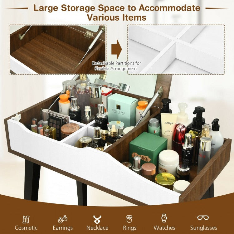 Space-Saving Vanity Table Set with Flip-Top Mirror, Storage and Padded Stool