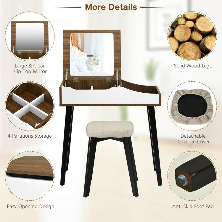 Space-Saving Vanity Table Set with Flip-Top Mirror, Storage and Padded Stool