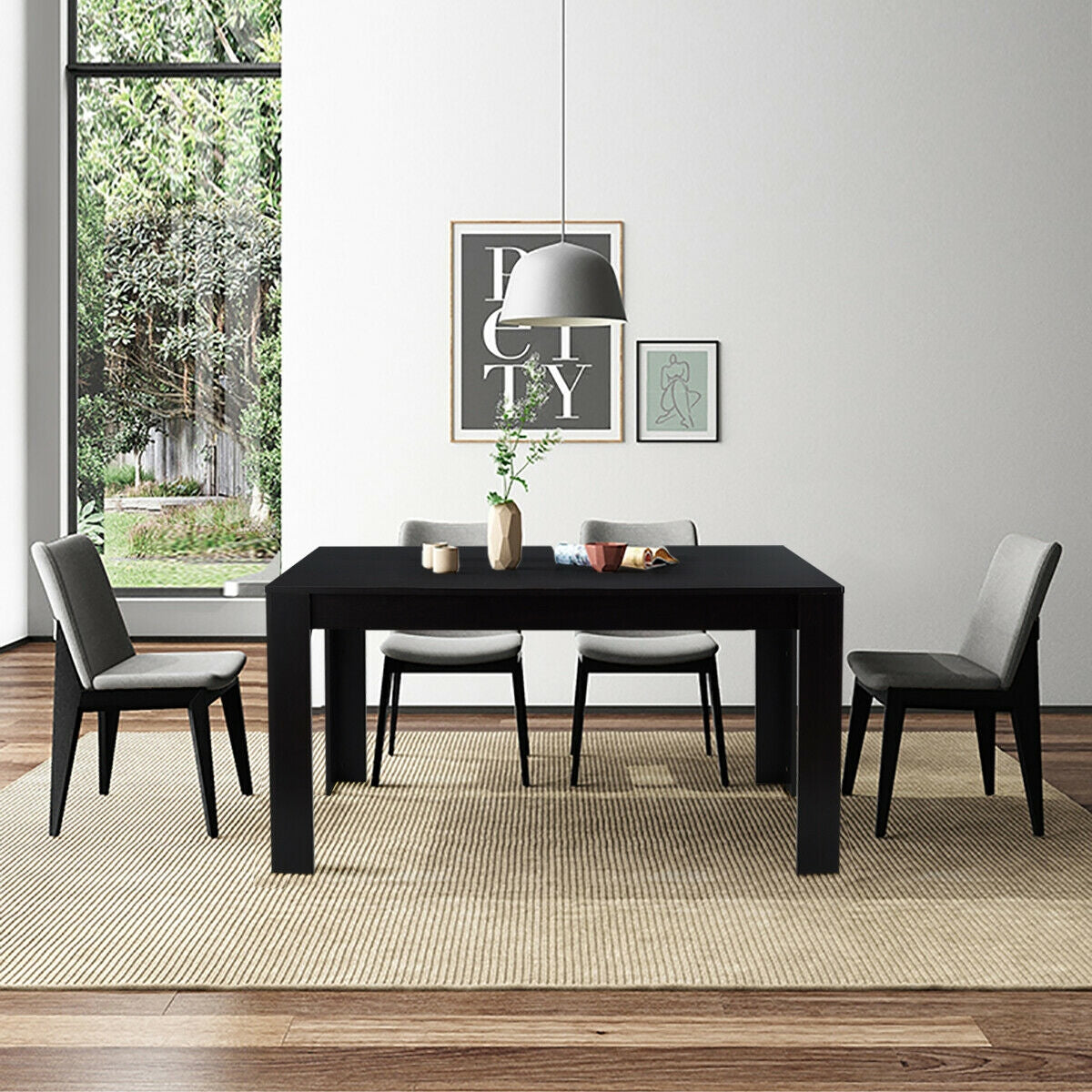 Modern 63 Inch Rectangular Dining Table with Black Engineered Wood Top
