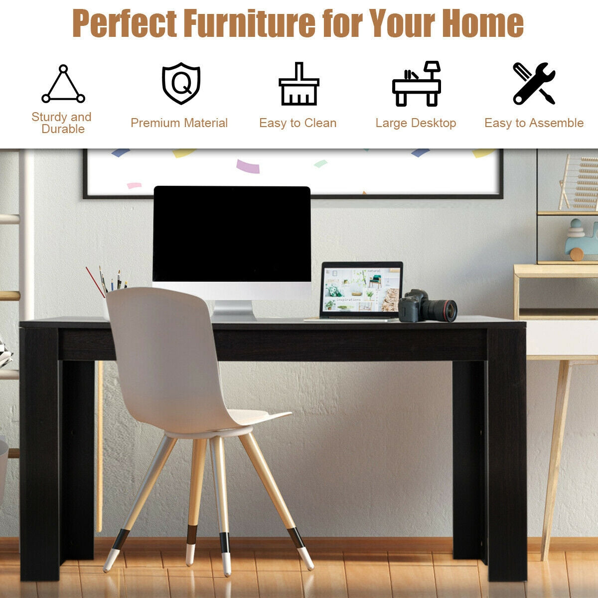Modern 63 Inch Rectangular Dining Table with Black Engineered Wood Top