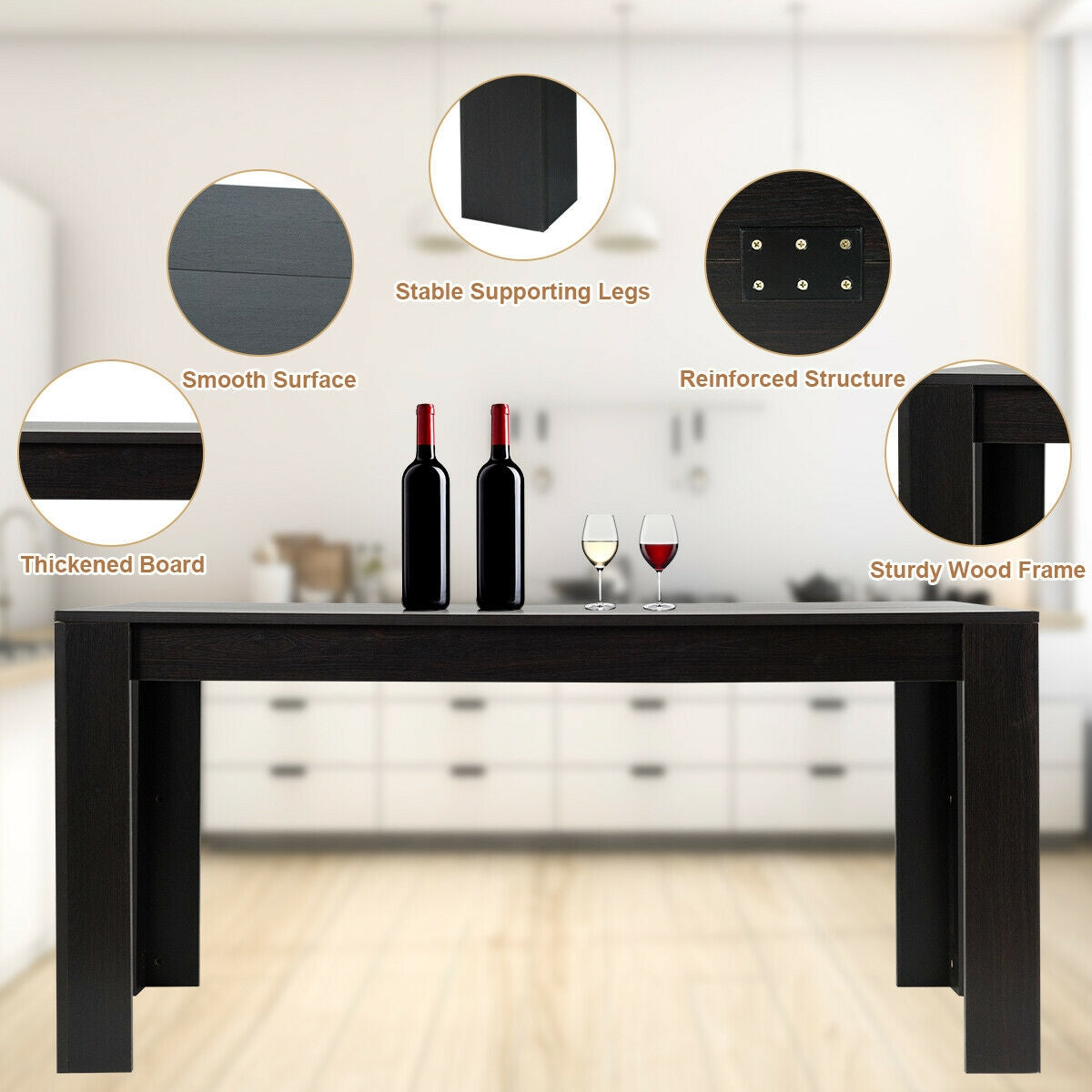 Modern 63 Inch Rectangular Dining Table with Black Engineered Wood Top