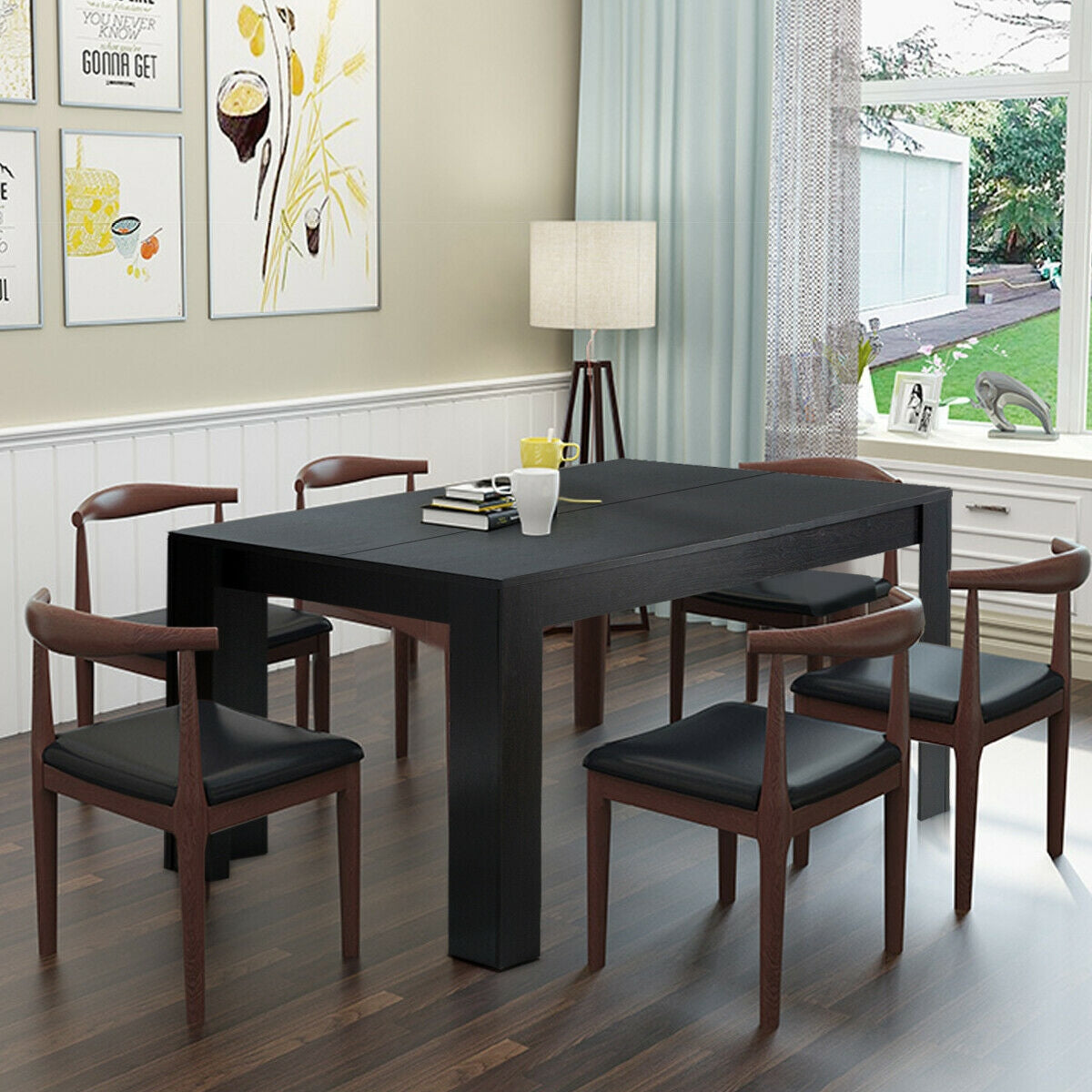 Modern 63 Inch Rectangular Dining Table with Black Engineered Wood Top