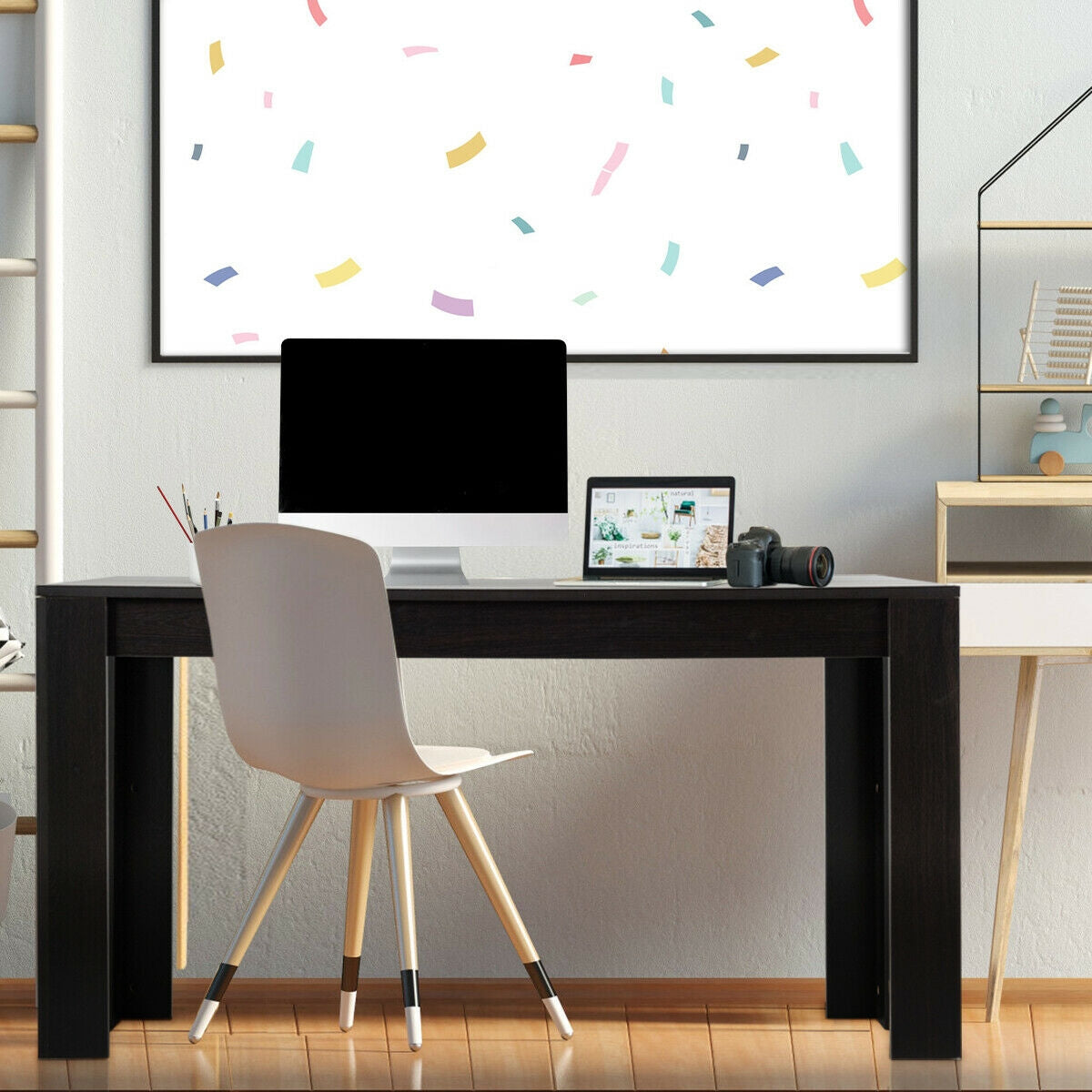 Modern 63 Inch Rectangular Dining Table with Black Engineered Wood Top