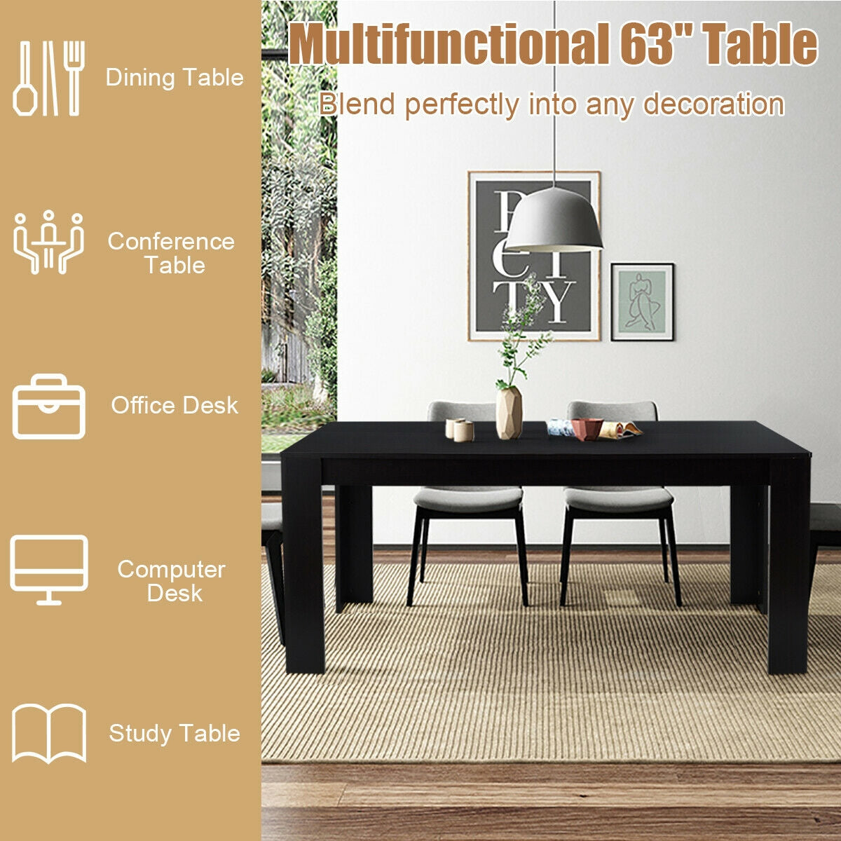 Modern 63 Inch Rectangular Dining Table with Black Engineered Wood Top