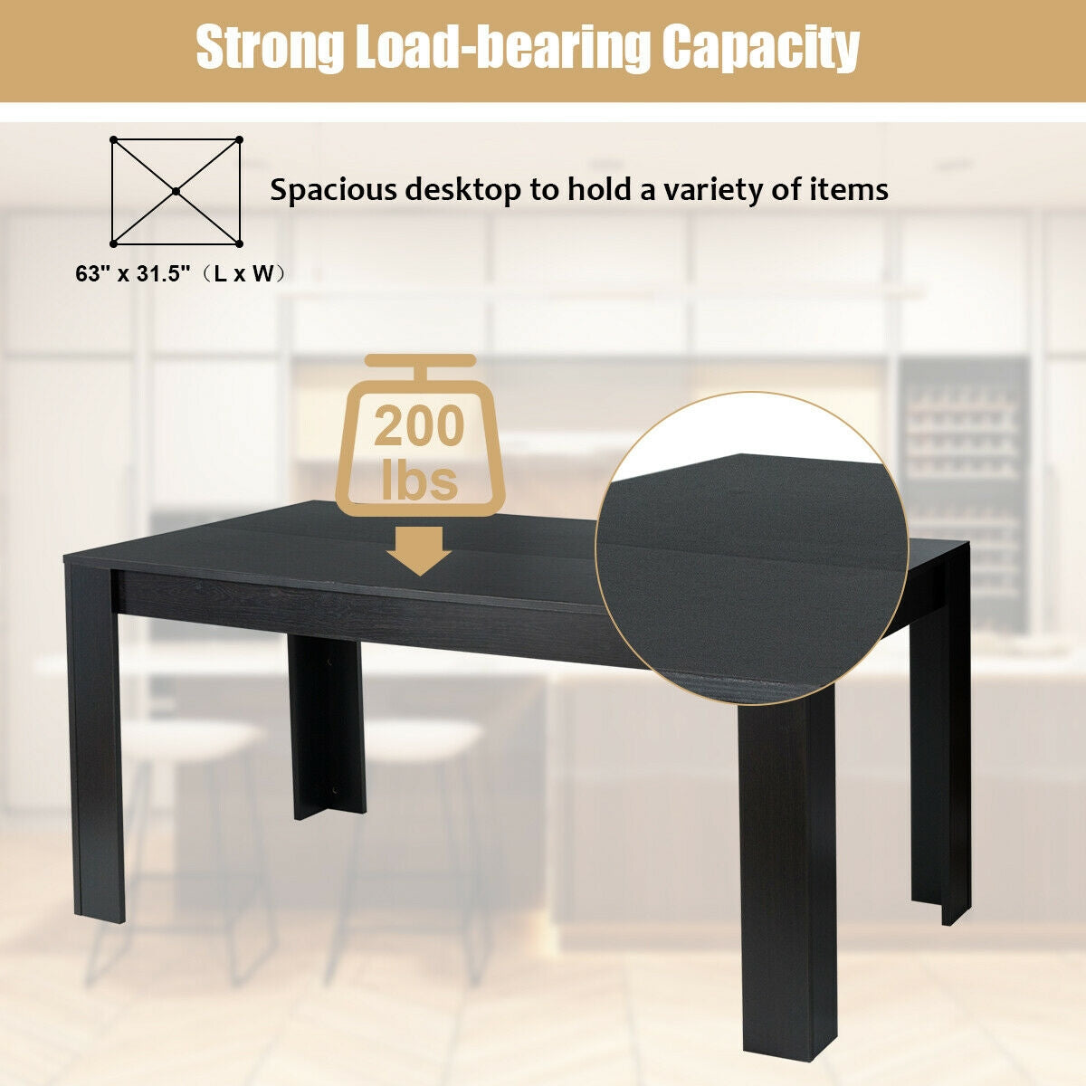 Modern 63 Inch Rectangular Dining Table with Black Engineered Wood Top