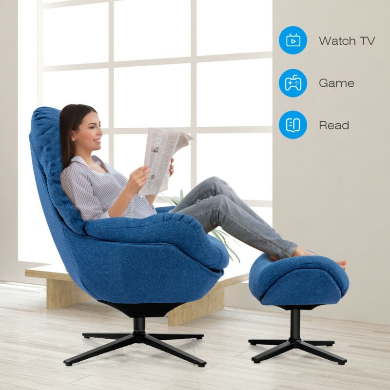 Modern Swivel Rocking Chair with Matching Ottoman and Upholstered Seat - Blue
