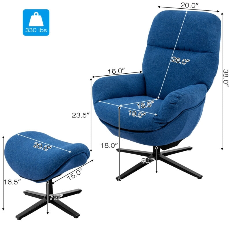 Modern Swivel Rocking Chair with Matching Ottoman and Upholstered Seat - Blue