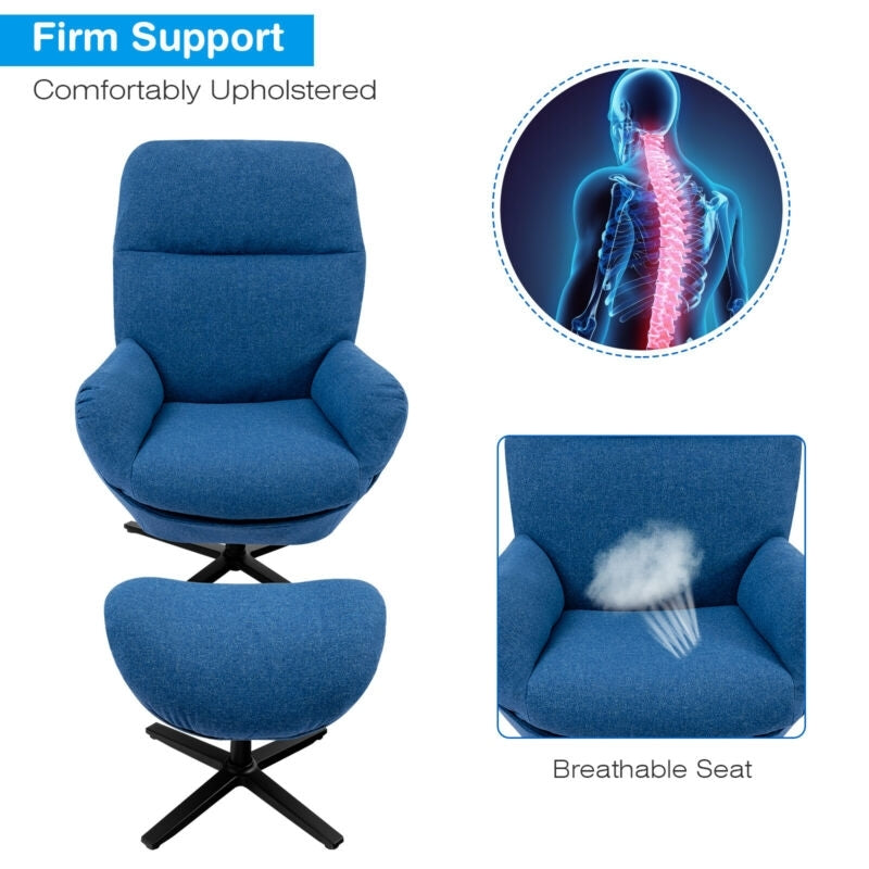 Modern Swivel Rocking Chair with Matching Ottoman and Upholstered Seat - Blue