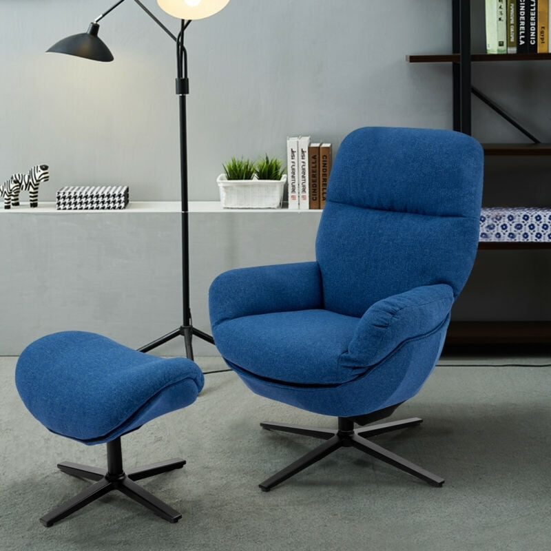 Modern Swivel Rocking Chair with Matching Ottoman and Upholstered Seat - Blue