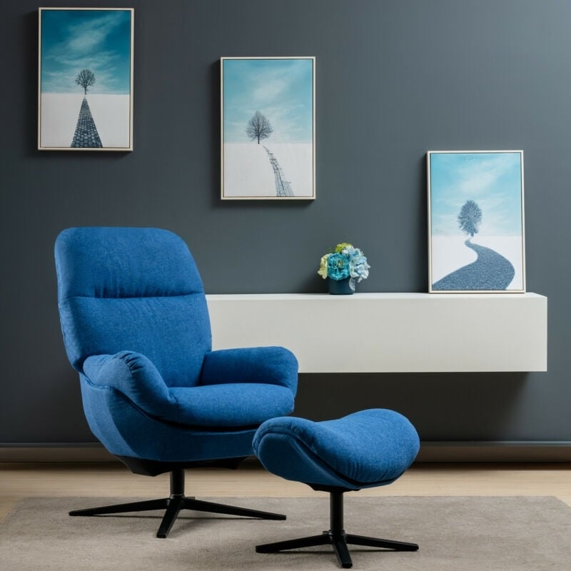 Modern Swivel Rocking Chair with Matching Ottoman and Upholstered Seat - Blue