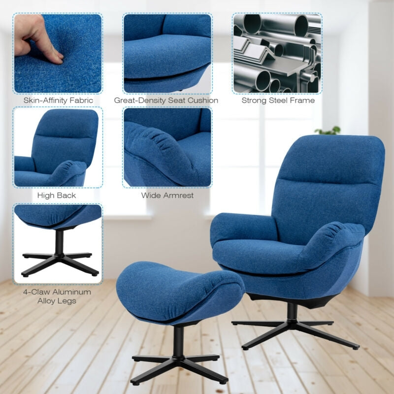 Modern Swivel Rocking Chair with Matching Ottoman and Upholstered Seat - Blue