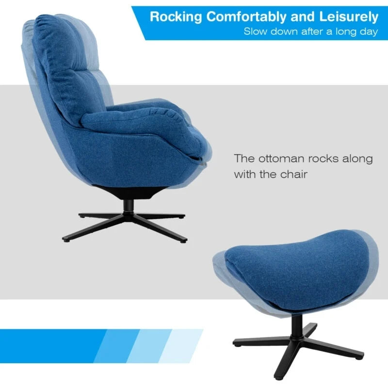 Modern Swivel Rocking Chair with Matching Ottoman and Upholstered Seat - Blue