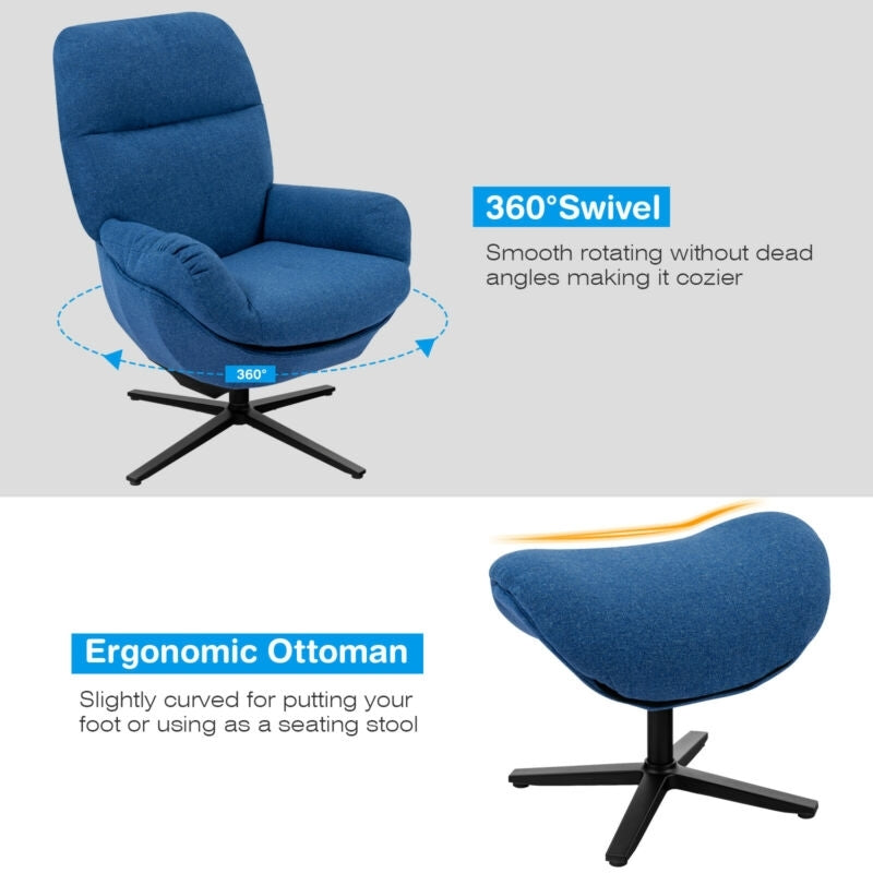 Modern Swivel Rocking Chair with Matching Ottoman and Upholstered Seat - Blue