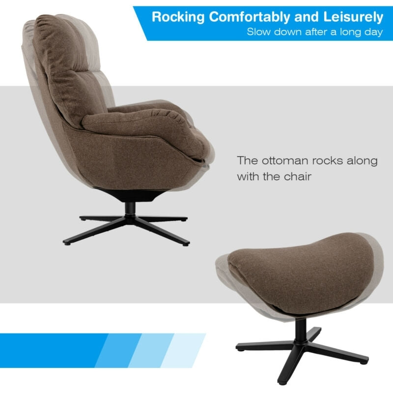 Modern Swivel Rocking Chair with Matching Ottoman and Upholstered Seat - Brown