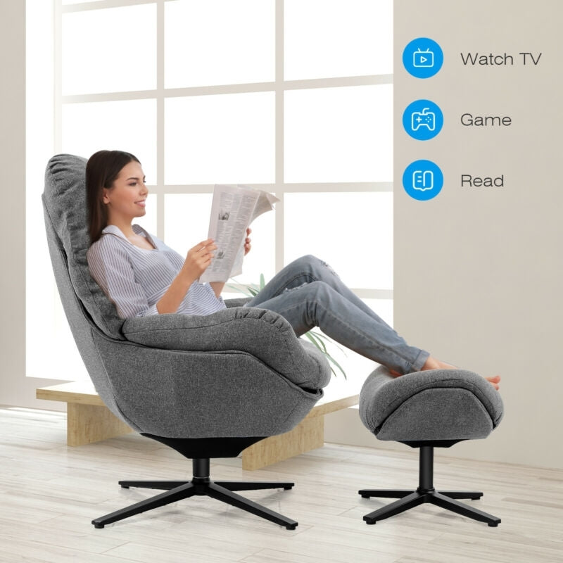 Modern Swivel Rocking Chair with Matching Ottoman and Upholstered Seat - Grey