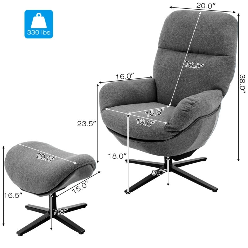 Modern Swivel Rocking Chair with Matching Ottoman and Upholstered Seat - Grey