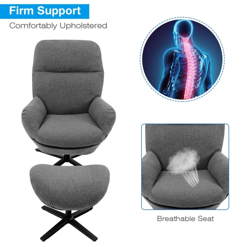 Modern Swivel Rocking Chair with Matching Ottoman and Upholstered Seat - Grey