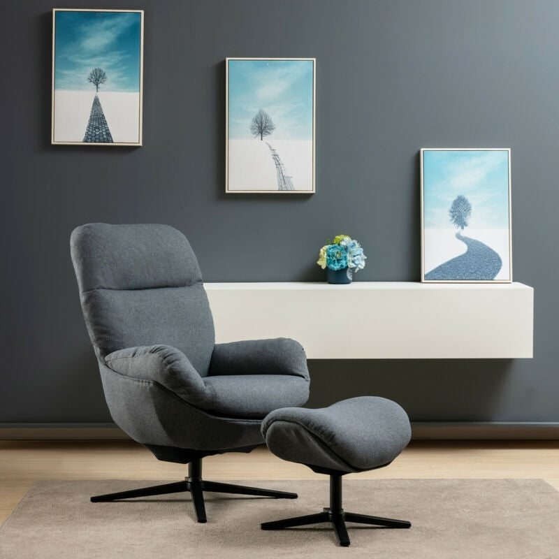 Modern Swivel Rocking Chair with Matching Ottoman and Upholstered Seat - Grey