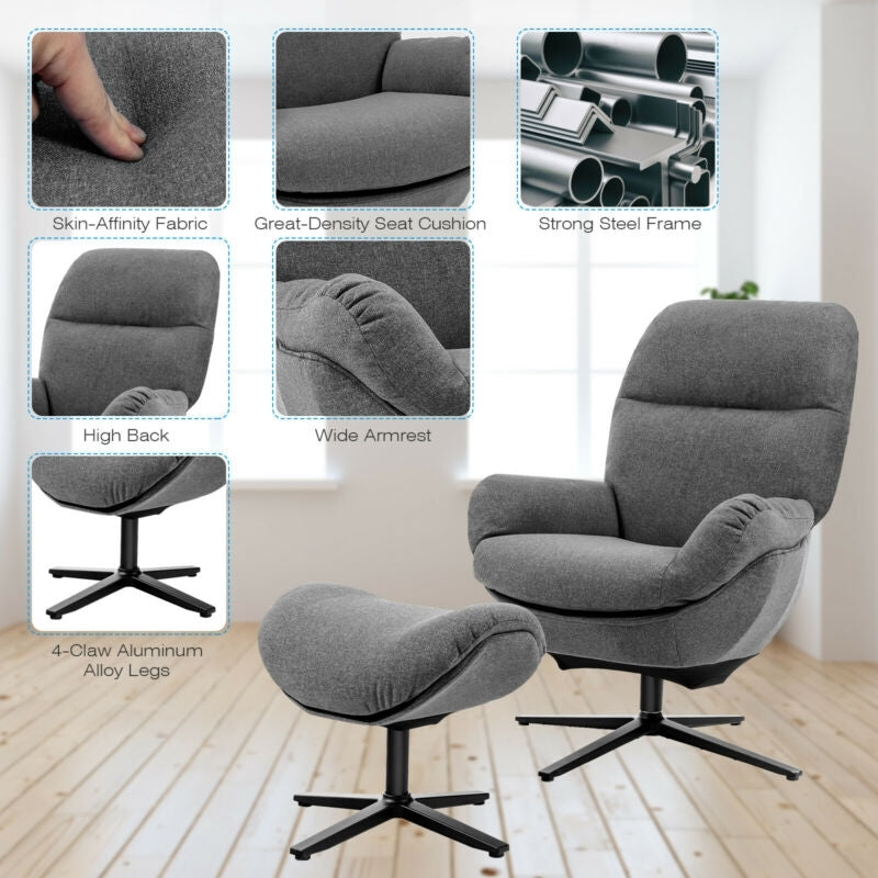 Modern Swivel Rocking Chair with Matching Ottoman and Upholstered Seat - Grey