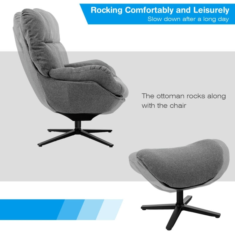 Modern Swivel Rocking Chair with Matching Ottoman and Upholstered Seat - Grey