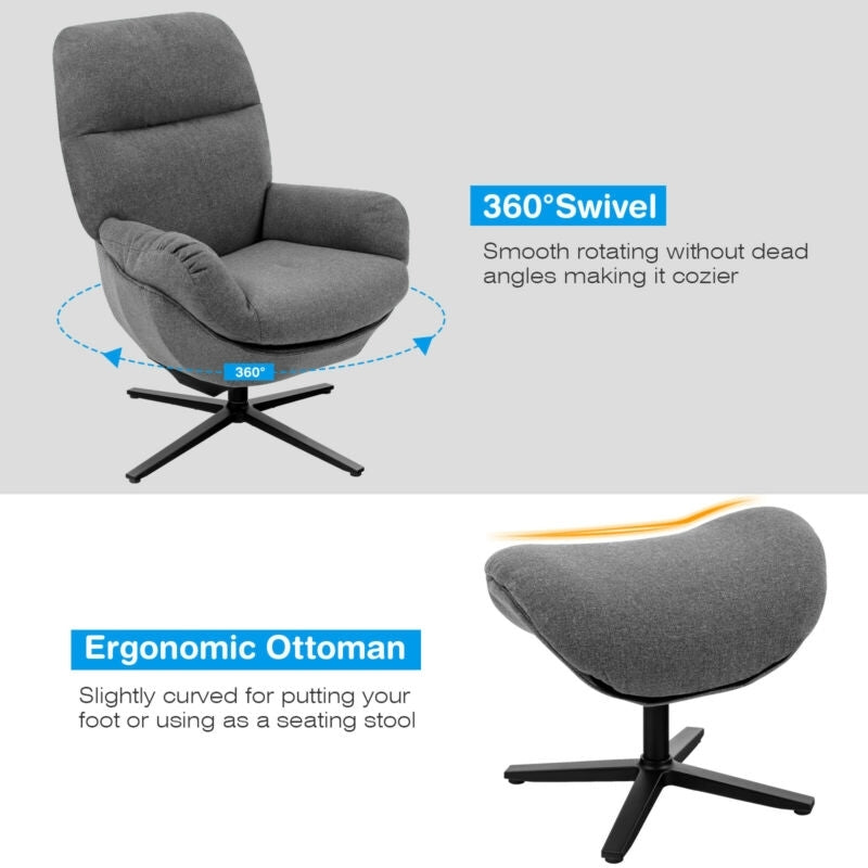 Modern Swivel Rocking Chair with Matching Ottoman and Upholstered Seat - Grey