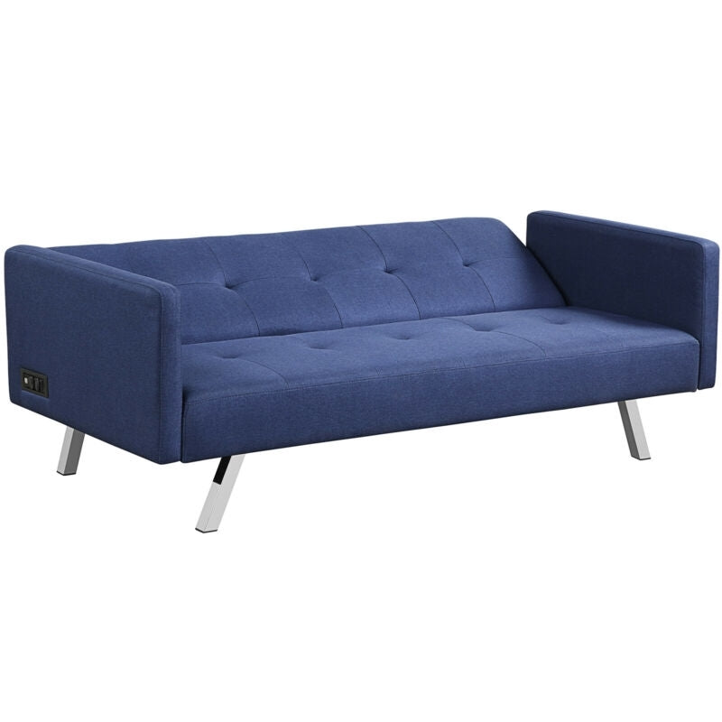 3 Seater Convertible Linen Futon Sofa Bed with Adjustable Backrest, USB Ports and Power Outlets, Blue