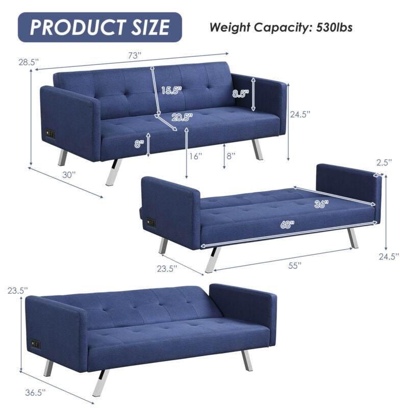 3 Seater Convertible Linen Futon Sofa Bed with Adjustable Backrest, USB Ports and Power Outlets, Blue
