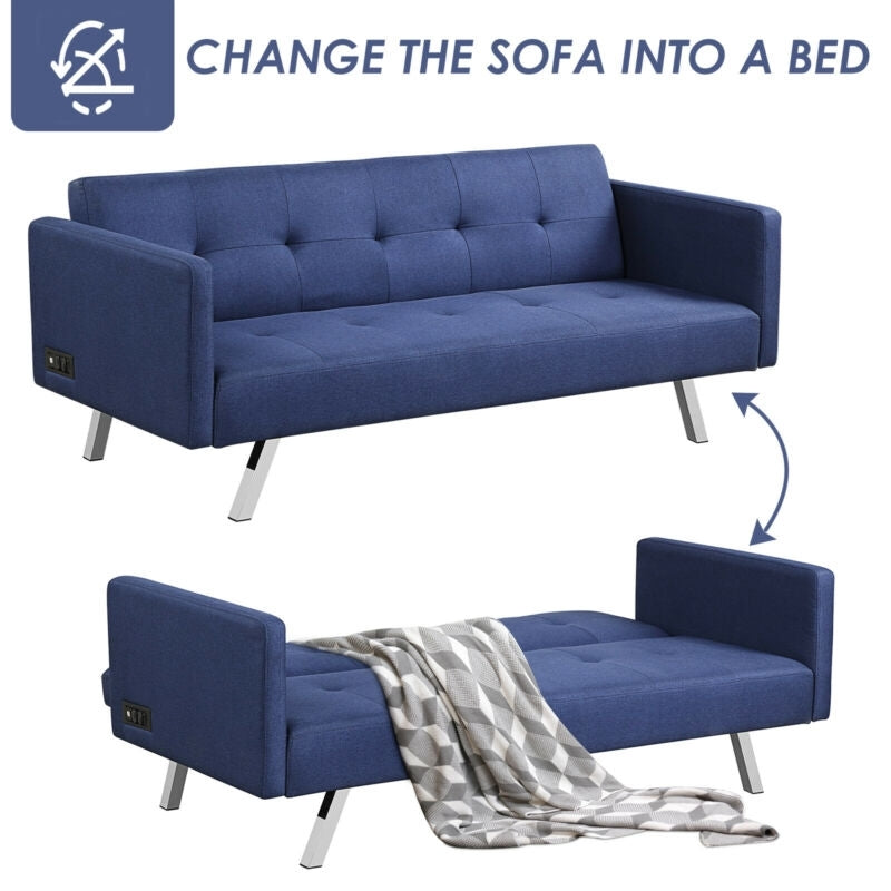 3 Seater Convertible Linen Futon Sofa Bed with Adjustable Backrest, USB Ports and Power Outlets, Blue