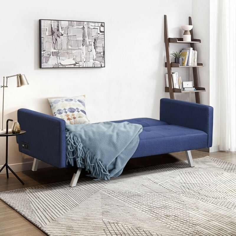 3 Seater Convertible Linen Futon Sofa Bed with Adjustable Backrest, USB Ports and Power Outlets, Blue