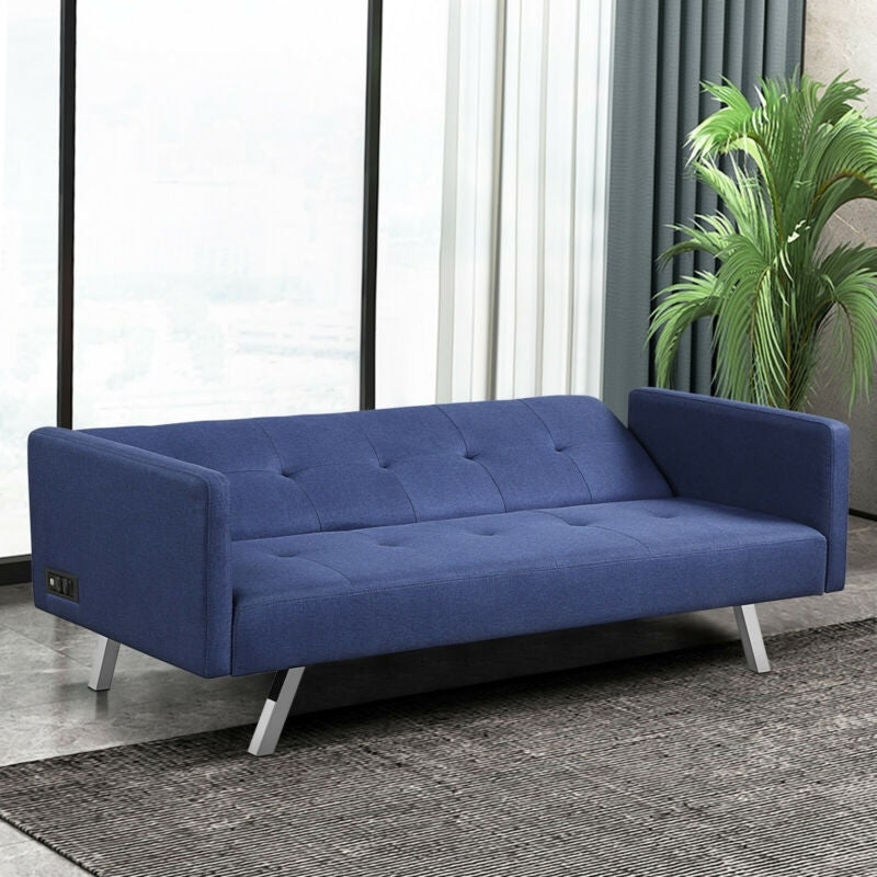 3 Seater Convertible Linen Futon Sofa Bed with Adjustable Backrest, USB Ports and Power Outlets, Blue