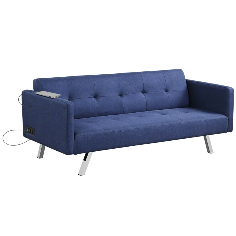 3 Seater Convertible Linen Futon Sofa Bed with Adjustable Backrest, USB Ports and Power Outlets, Blue