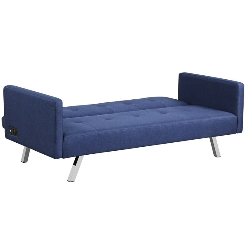 3 Seater Convertible Linen Futon Sofa Bed with Adjustable Backrest, USB Ports and Power Outlets, Blue