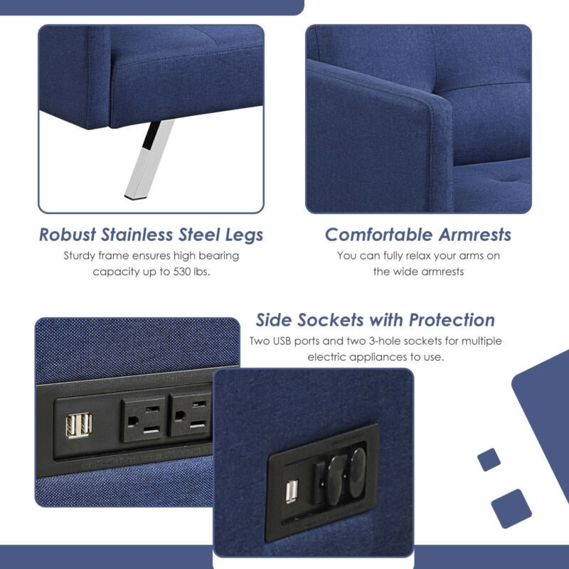 3 Seater Convertible Linen Futon Sofa Bed with Adjustable Backrest, USB Ports and Power Outlets, Blue