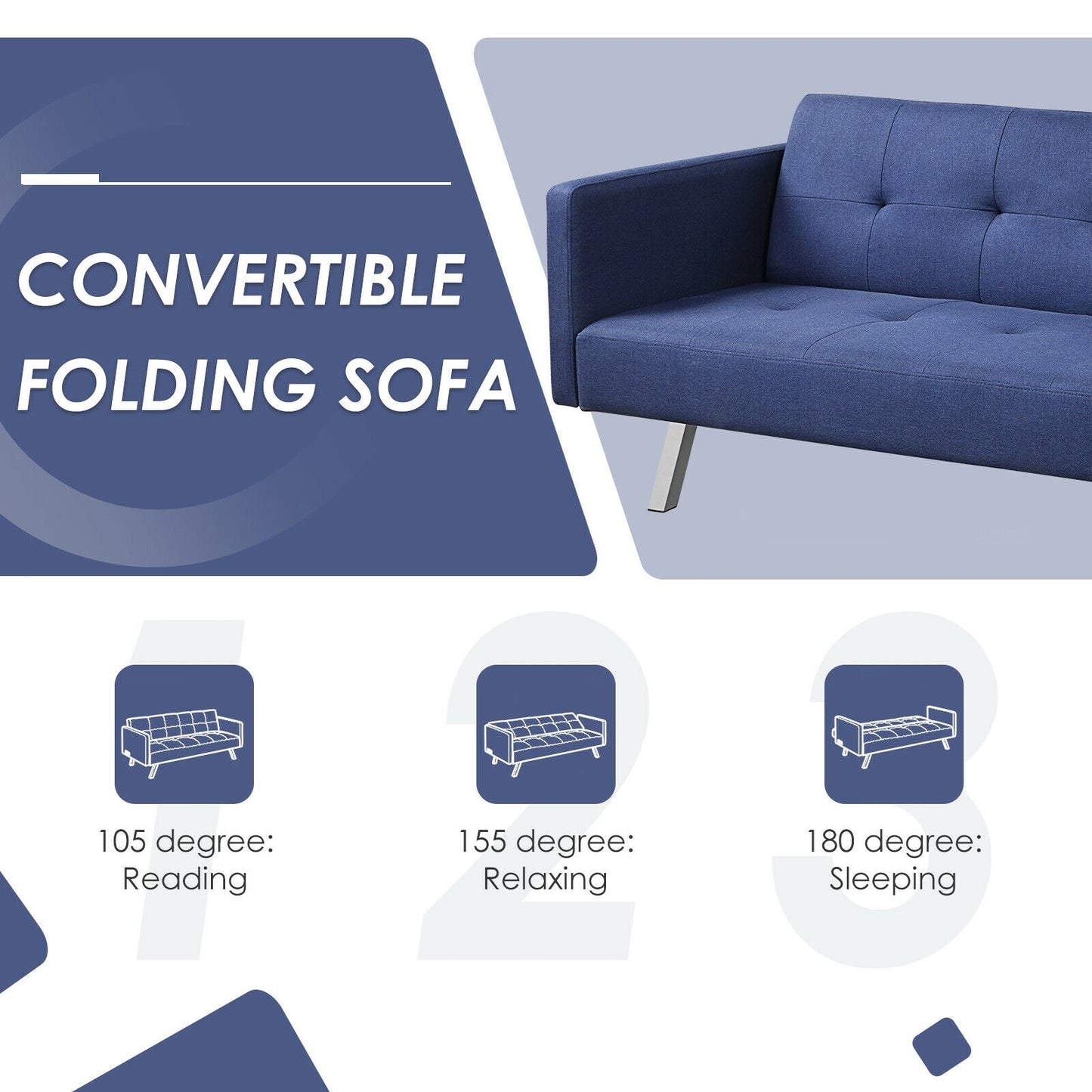 3 Seater Convertible Linen Futon Sofa Bed with Adjustable Backrest, USB Ports and Power Outlets, Blue