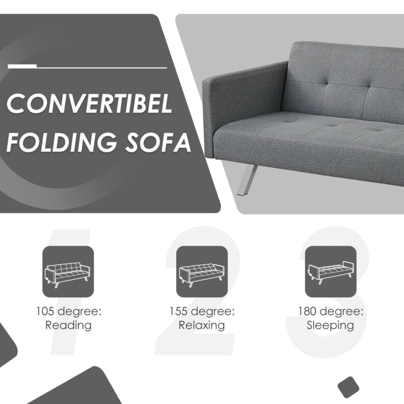 3 Seater Convertible Linen Futon Sofa Bed with Adjustable Backrest, USB Ports and Power Outlets, Grey