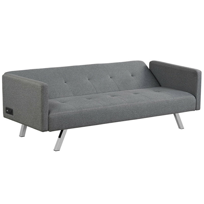 3 Seater Convertible Linen Futon Sofa Bed with Adjustable Backrest, USB Ports and Power Outlets, Grey