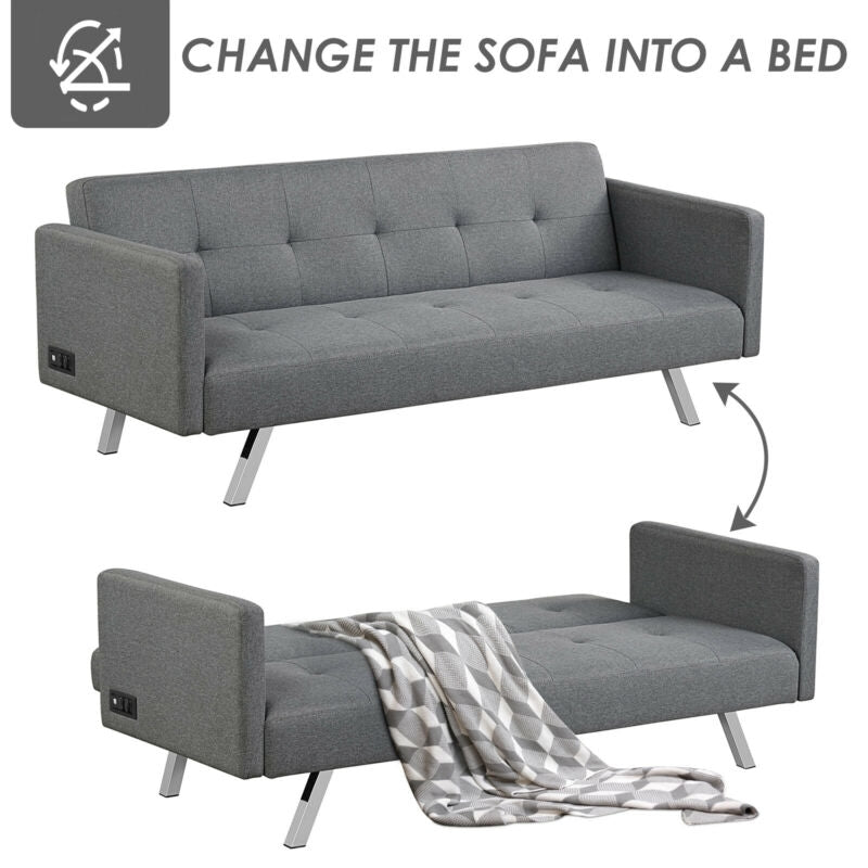 3 Seater Convertible Linen Futon Sofa Bed with Adjustable Backrest, USB Ports and Power Outlets, Grey