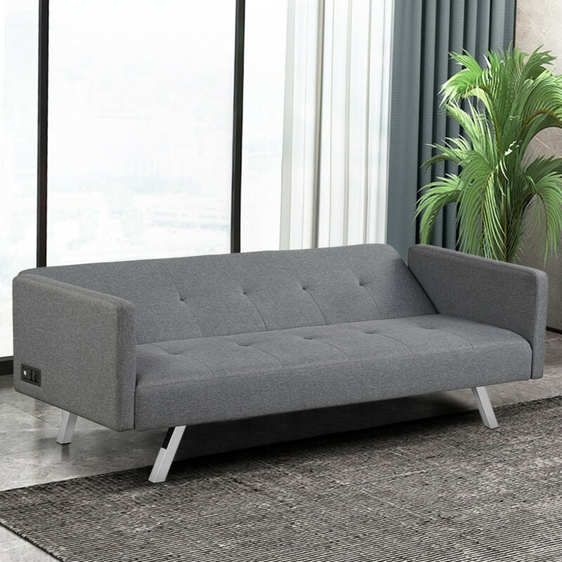 3 Seater Convertible Linen Futon Sofa Bed with Adjustable Backrest, USB Ports and Power Outlets, Grey