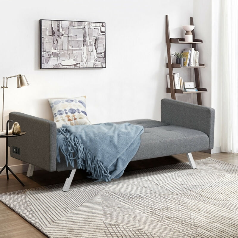 3 Seater Convertible Linen Futon Sofa Bed with Adjustable Backrest, USB Ports and Power Outlets, Grey