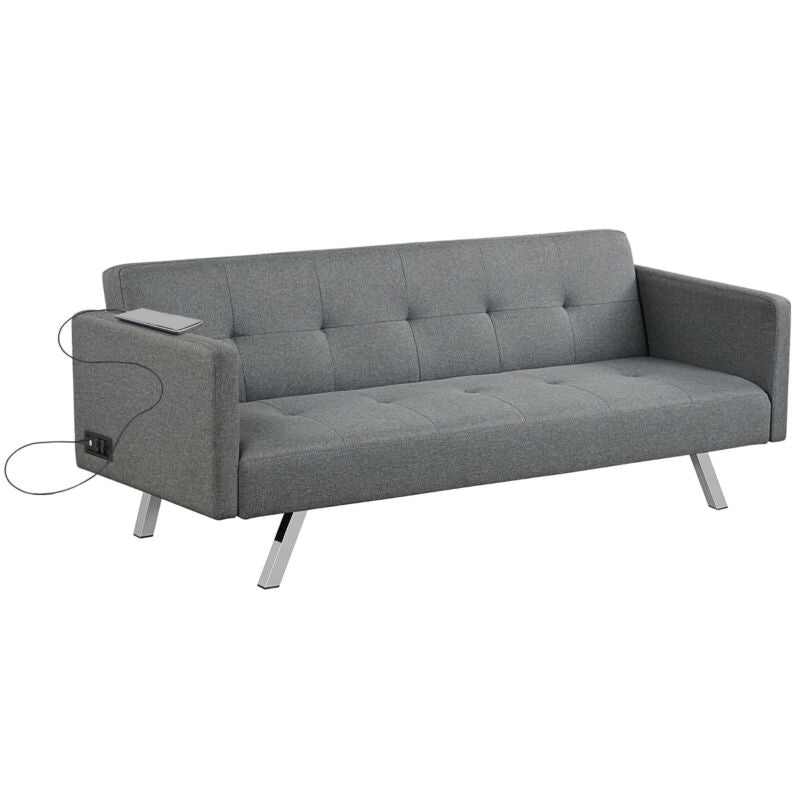 3 Seater Convertible Linen Futon Sofa Bed with Adjustable Backrest, USB Ports and Power Outlets, Grey